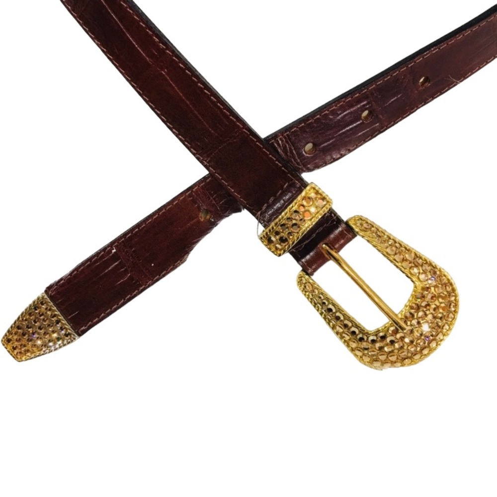 RETRO BRAND Brown & Citrine Stone Embellished Belt Sz 34in